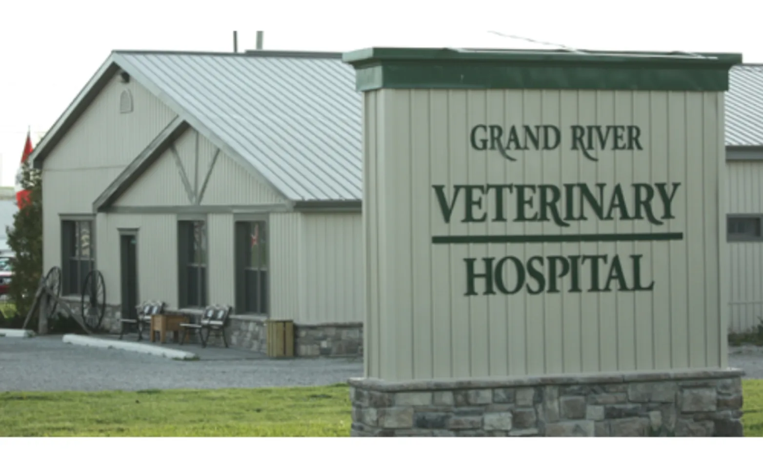 Exterior of Grand River Veterinary Hospital with sign